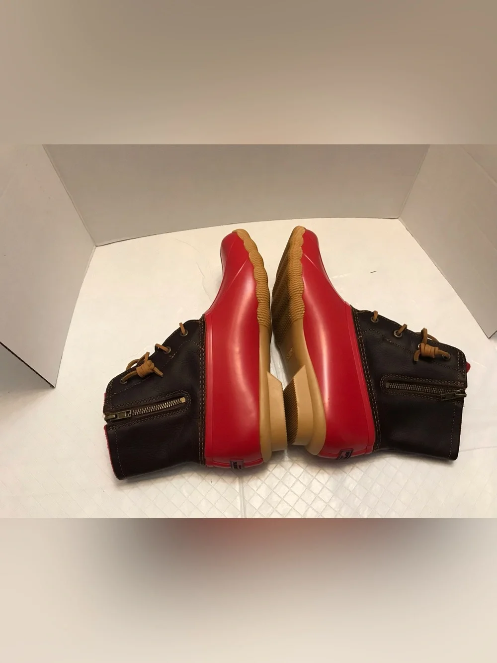 Sperry Red and Brown Waterproof Lace-Up Rain Boots